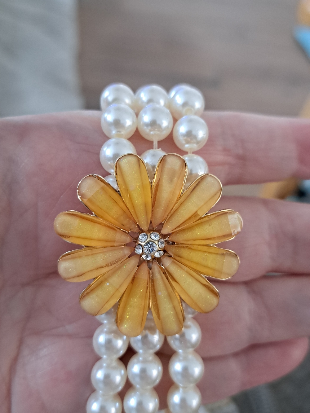Pearl Bracelet with Yellow Flower Centerpiece